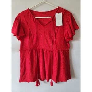 New with tags C. Cline Red Blouse with Flutter sleeves Women XL